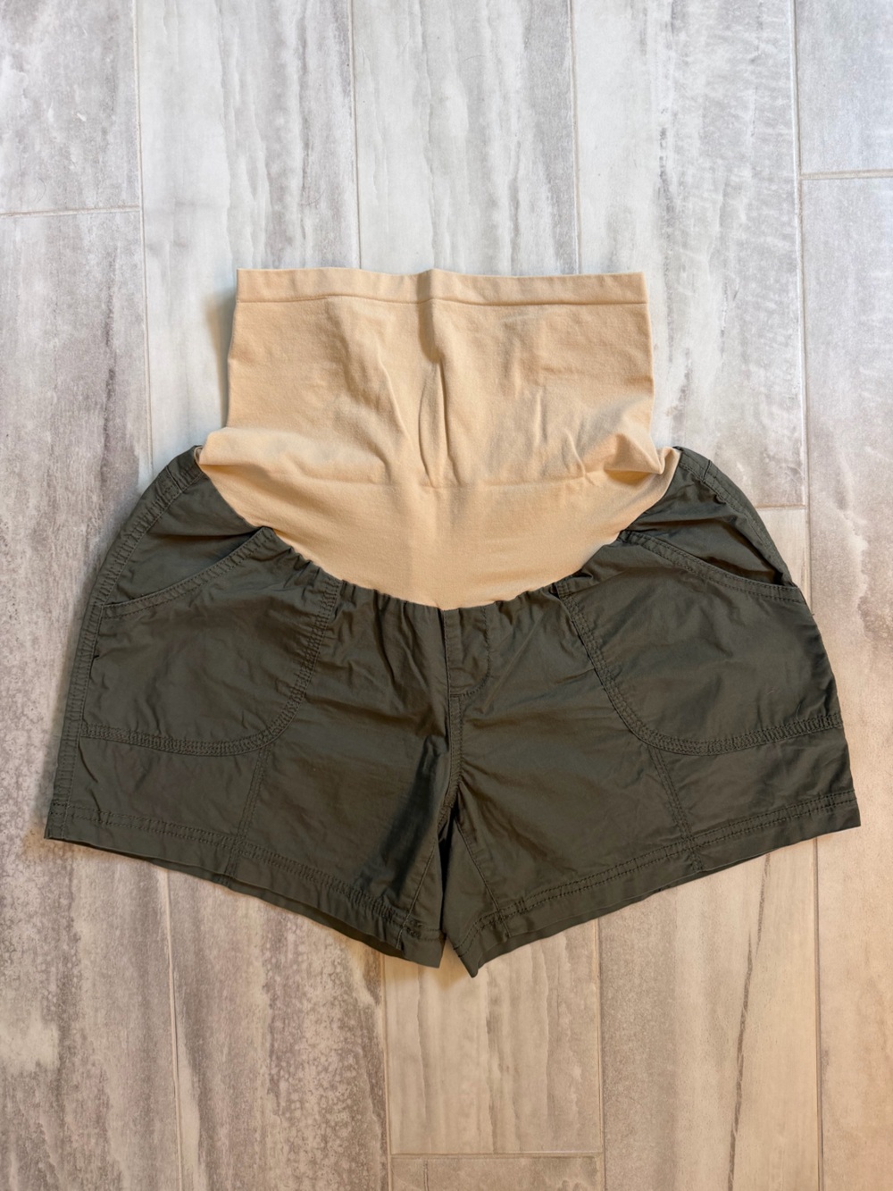 Motherhood Maternity Olive Green Shorts with Tan Belly Panel - Size M